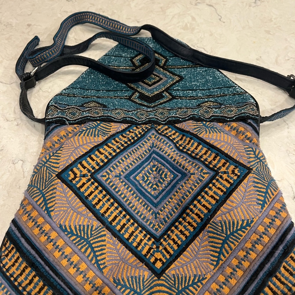 Antik Batik Geometric Blue and Tan Crossbody Bag - Picture 3 of 6
